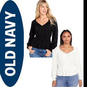 Old Navy tie-front slub-knit top (L) in black jack, sea salt white